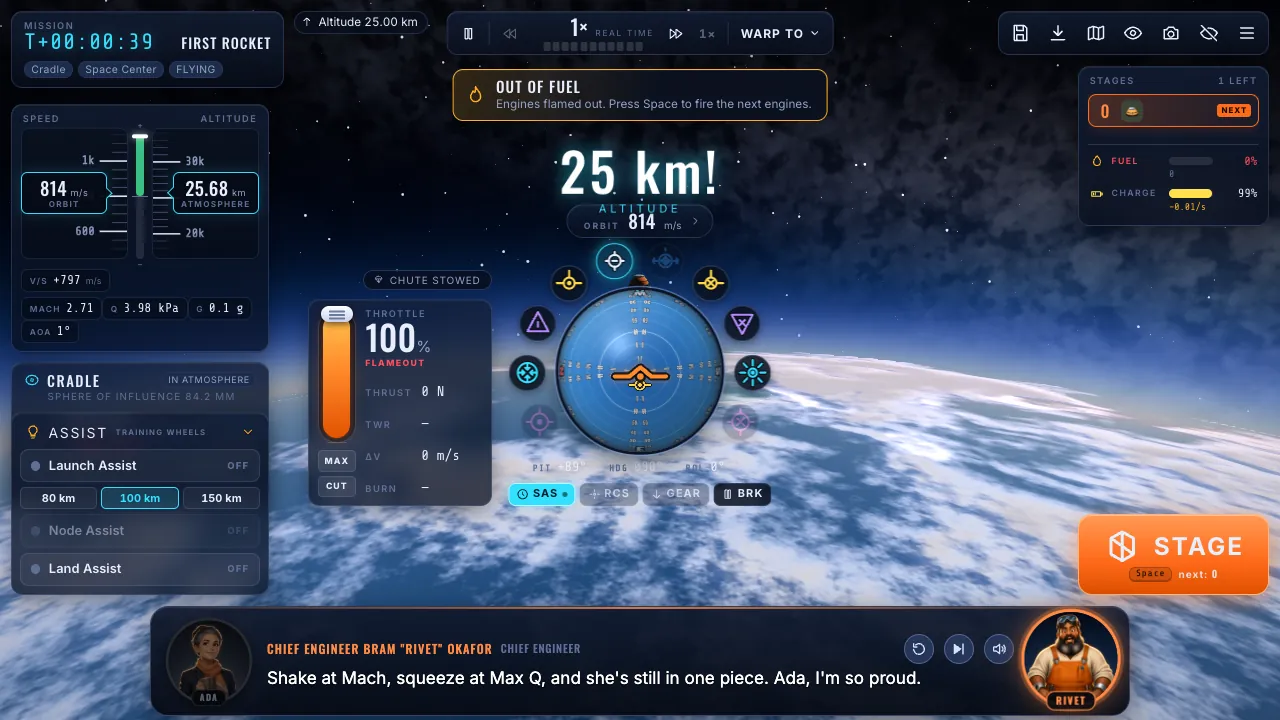 Fast Rocket in flight over the planet Cradle: flight instruments and a navball on the HUD, a 25 km altitude callout, and the instructor Rivet speaking in a caption bar at the bottom, with Ada beside him.