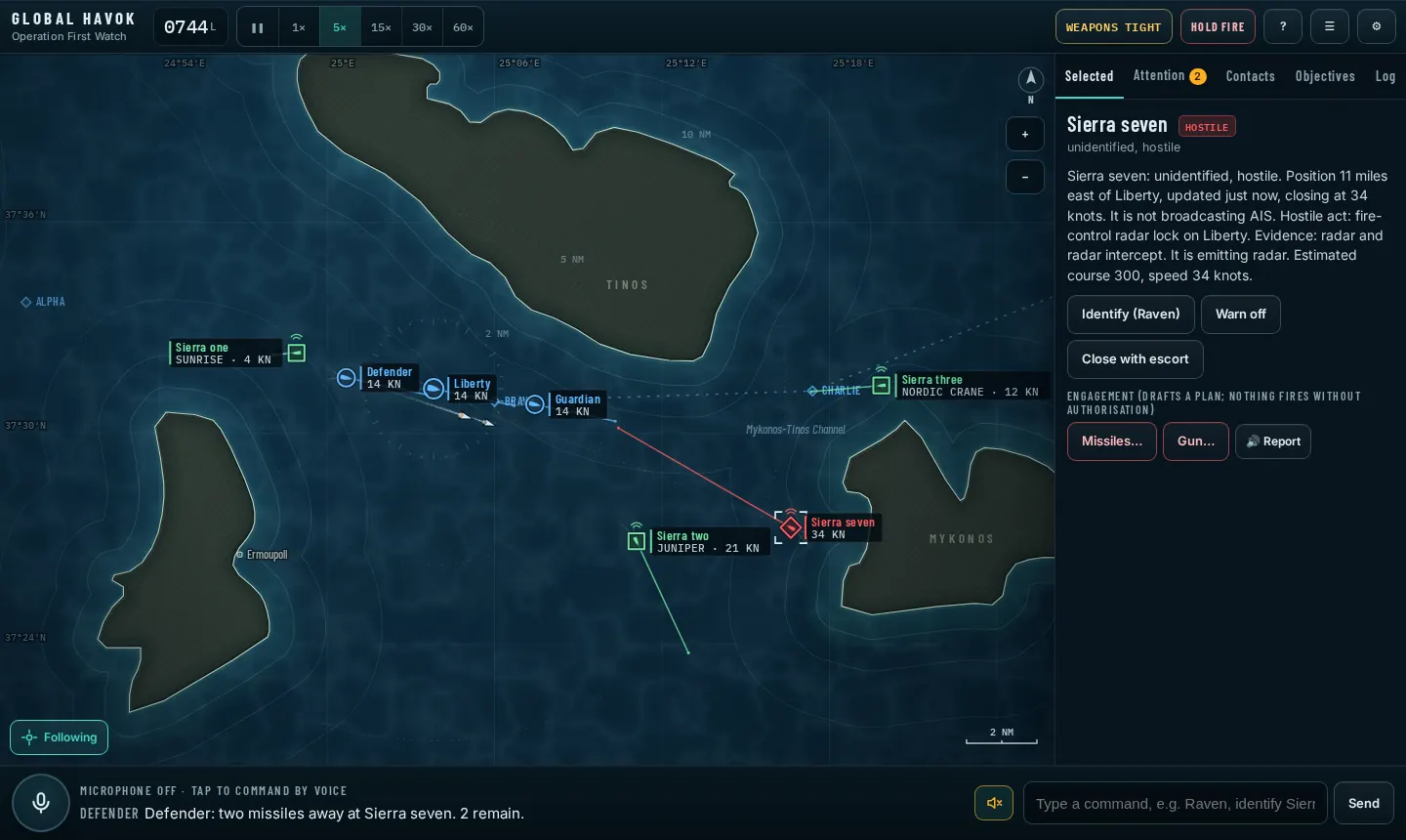 Global Havok's command chart in the Aegean: an escort group of Defender, Liberty and Guardian east of Syros, a hostile contact Sierra seven locking radar on the convoy, and the voice bar at the bottom reporting two missiles away.